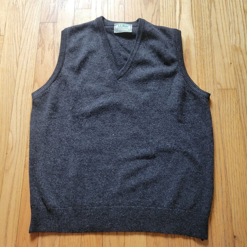 L.L. Bean Mens Lambswool V-Neck Sleeveless Sweater Vest Charcoal Gray L Made In